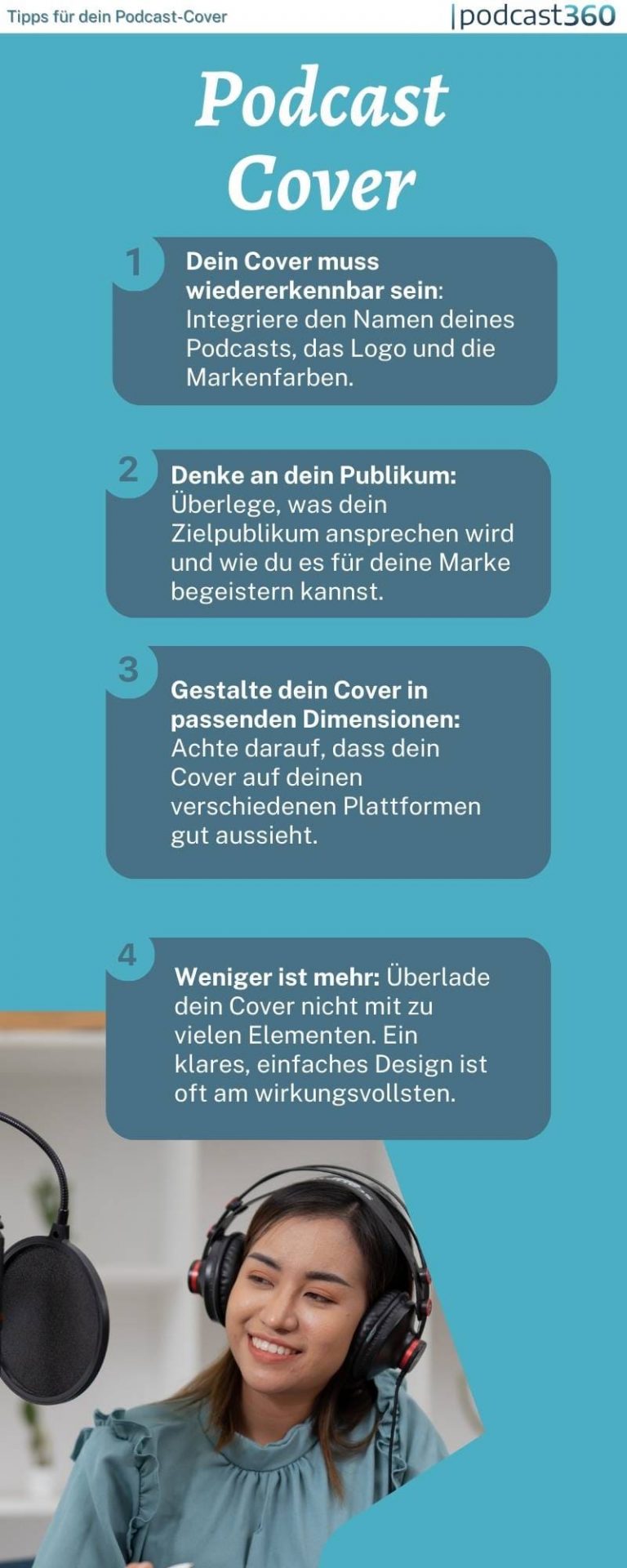 Eine Infografik mit dem Titel „Podcast Cover“ mit vier Tipps auf Deutsch für die Gestaltung von Podcast-Covern. Zu den Tipps gehören, das Cover an den Podcast-Namen anzupassen, die Zielgruppe zu berücksichtigen, die Cover-Größen für verschiedene Plattformen zu optimieren und ein einfaches Design zu verwenden.
