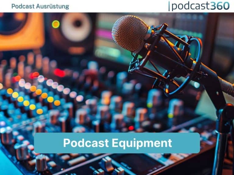 Ein professionelles Podcast-Setup mit einem Mikrofon auf einem Ständer, einem Tonmischpult mit verschiedenen Knöpfen und Schiebereglern und bunten Lichtern von Geräten im Hintergrund. Der Text auf dem Bild lautet: „Podcast-Geräte: Deine Podcast-Anleitung Schritt für Schritt zum perfekten Ton.“